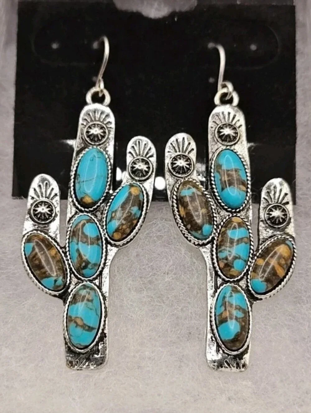 Southwestern Dangle Earrings Turquoise Saguaro Cactus Etched Sunburst Silver 2
